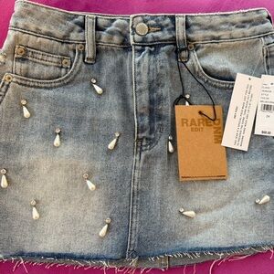 RARE DNM EDIT Pearl And Rhinestone Denim Mini Skirt